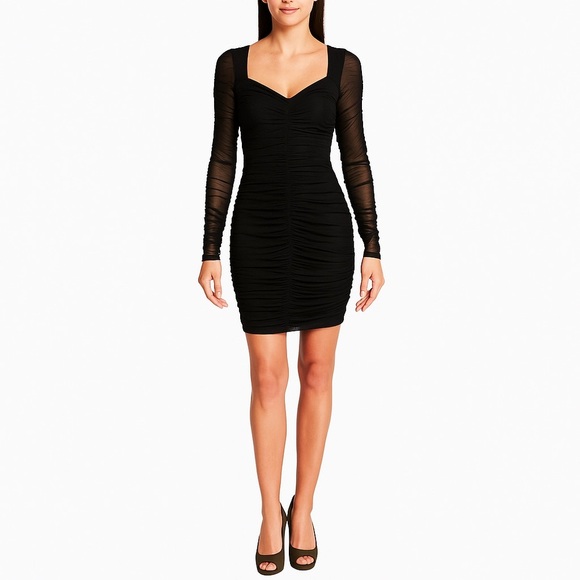 Black Ruched Mesh Bodycon mini Dress Size L Long Sleeve Sweetheart Neckline - Picture 1 of 6